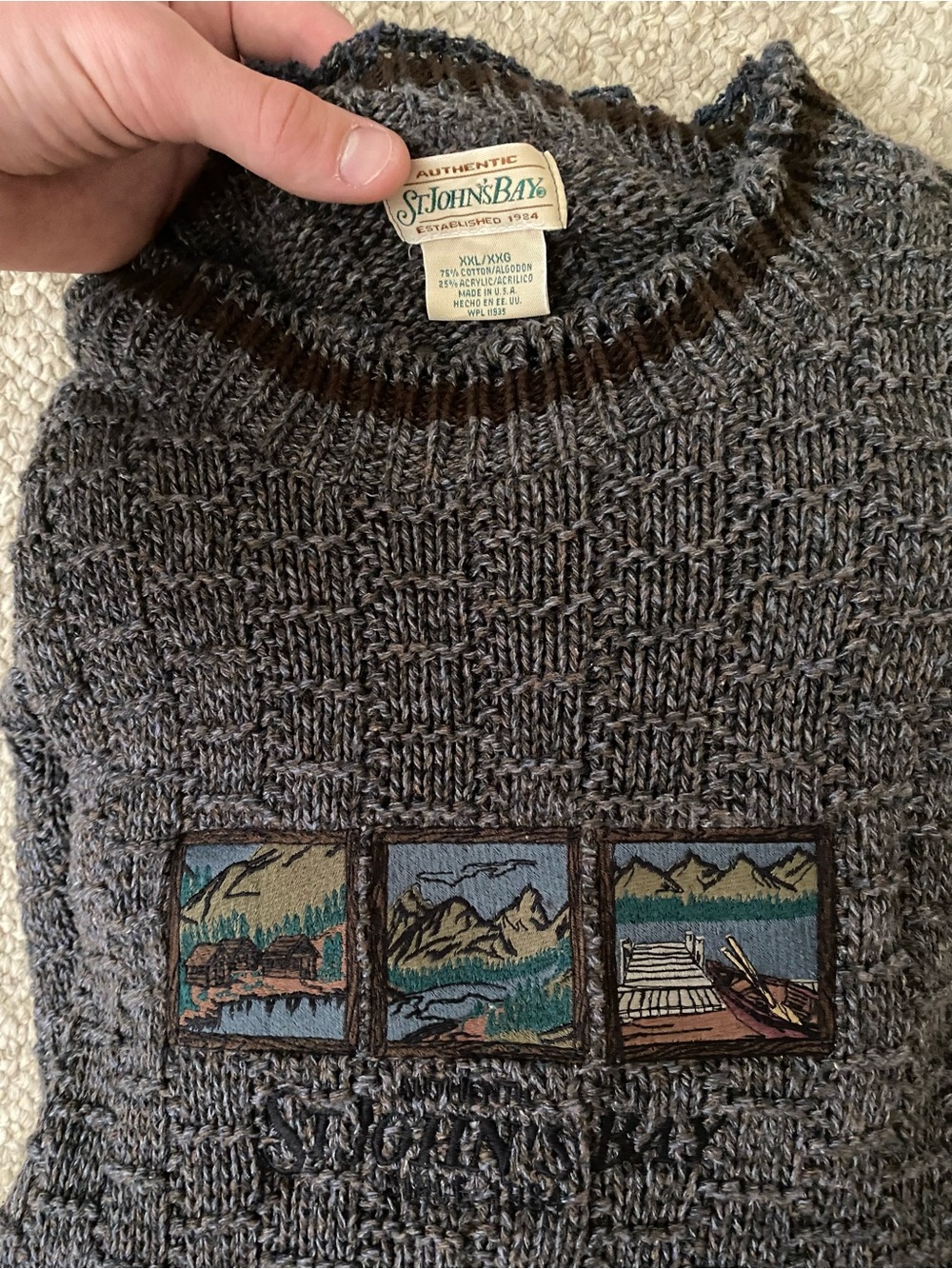 St. John's Bay Men's Gray Knit Crewneck Sweater with Scenic Embroidered Panels